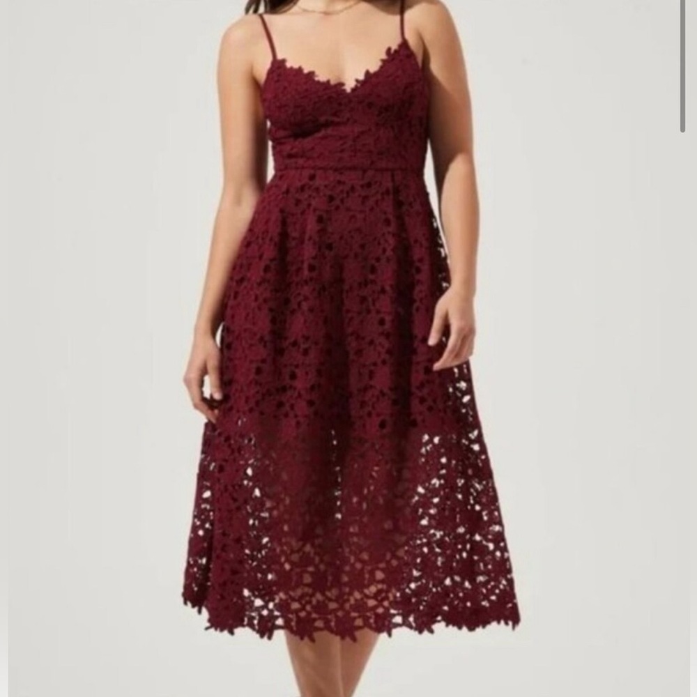 Adelyn Rae Burgundy Deep Red Maroon Eyelet Midi Dress “it” color of the season”